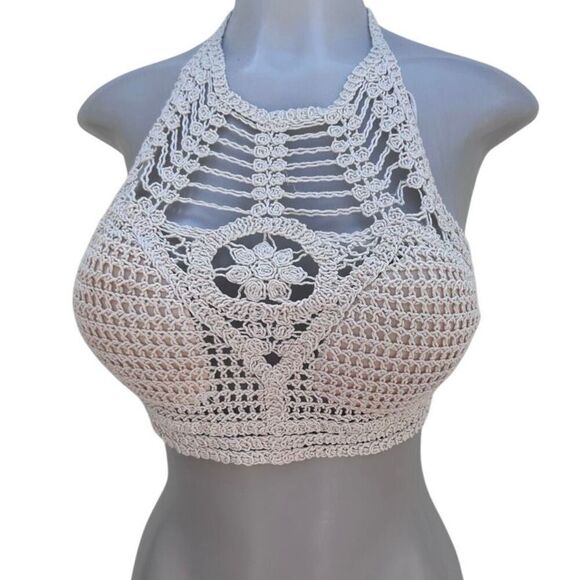 Rebellion Again Crop Top Women's Medium Ecru Crochet Macrame Halter Tie Boho - Picture 2 of 15